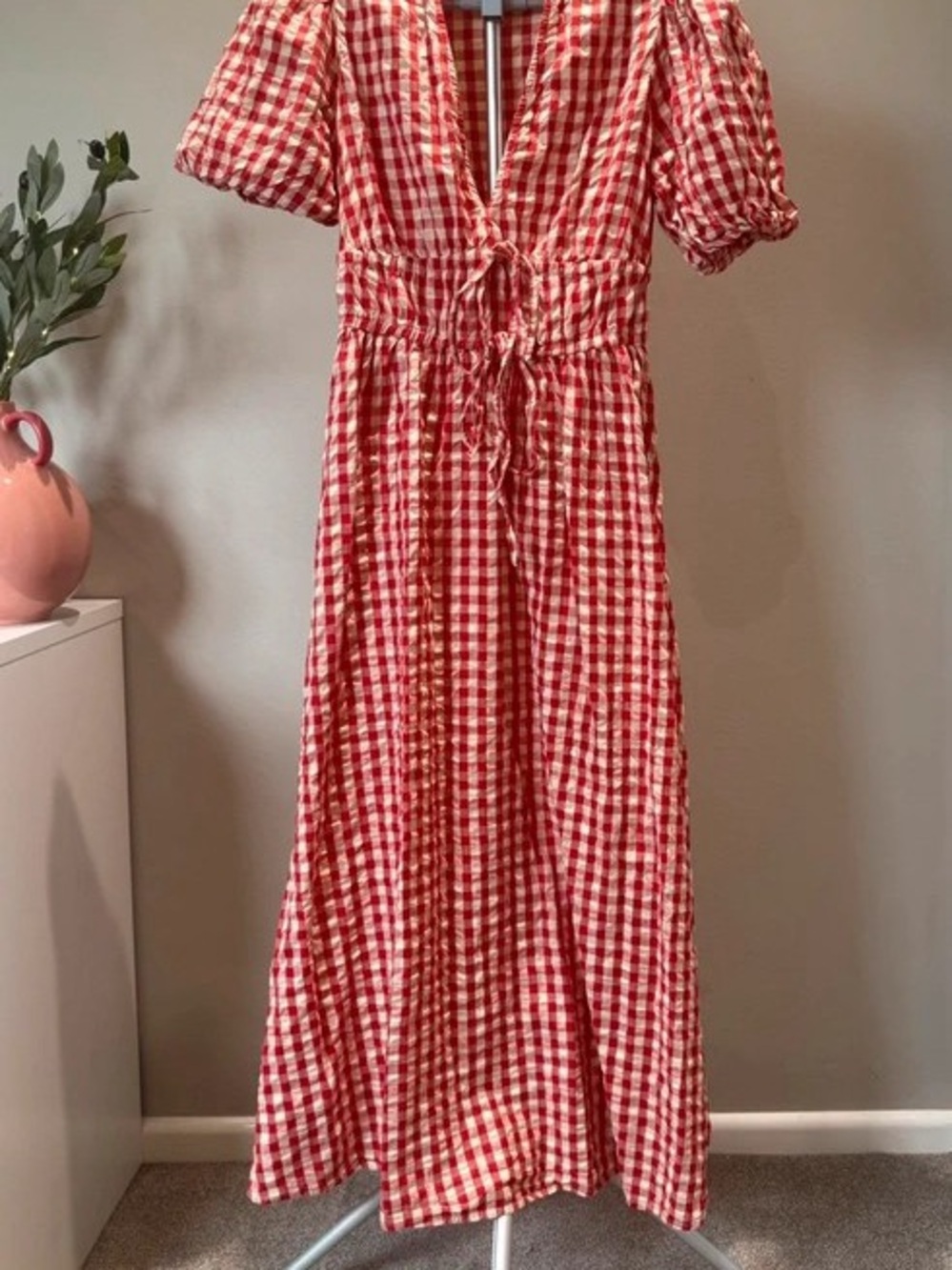 Red Gingham Maxi Dress with V-Neck and Tie Waist